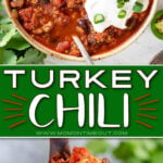 turkey chili recipe in a bowl and in a ladle with center color block and text overlay.