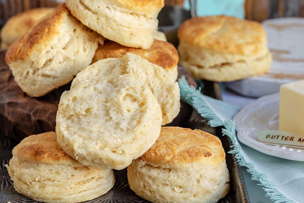 biscuit split in half showing interior of biscuit.