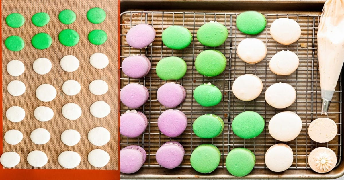 baking macarons and assembling in a 2 image collage.