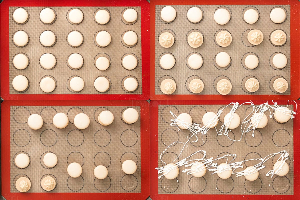 how to assemble macarons in four image collage.