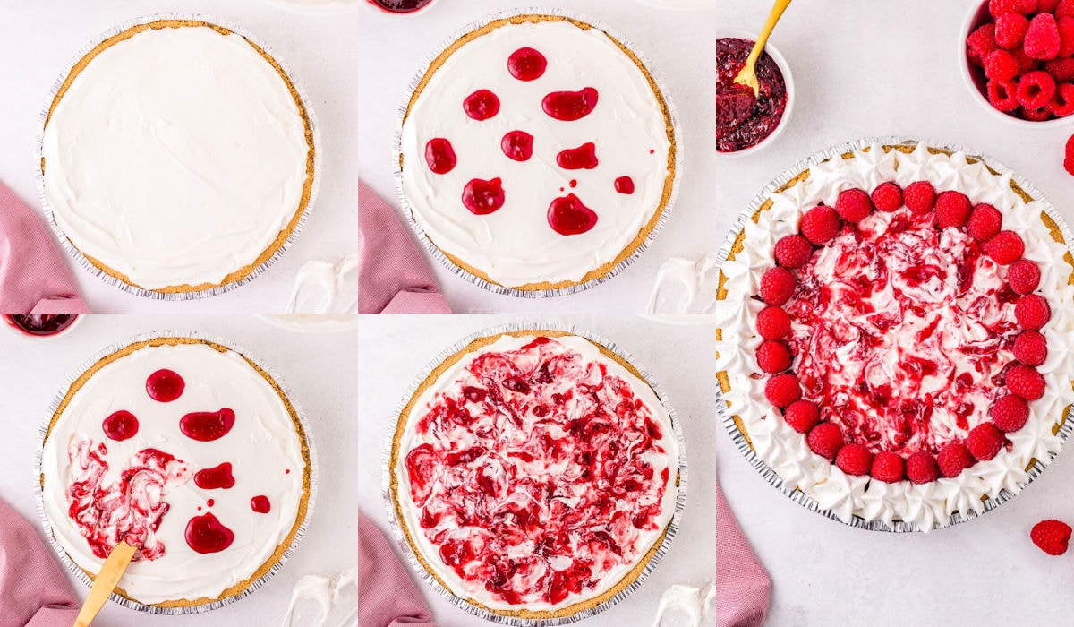 five image collage showing raspberry cheesecake being assembled and decorated.