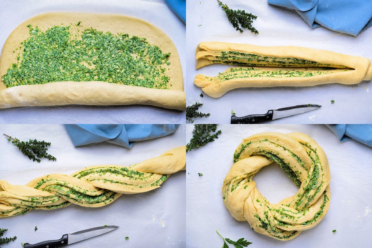 4 image collage showing filing being spread on dough, dough being rolled and cut and then twisted into a wreath shape.