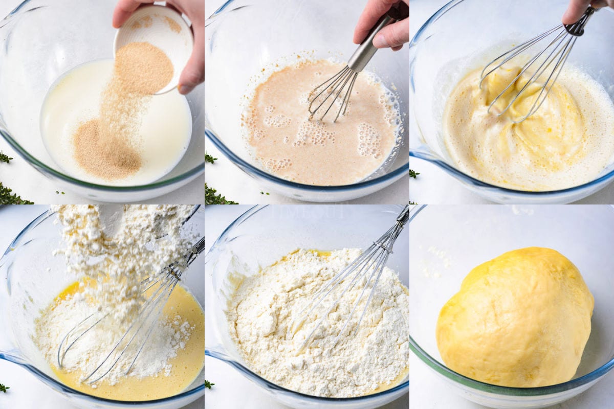 six image collage showing dough being prepared in glass bowl.