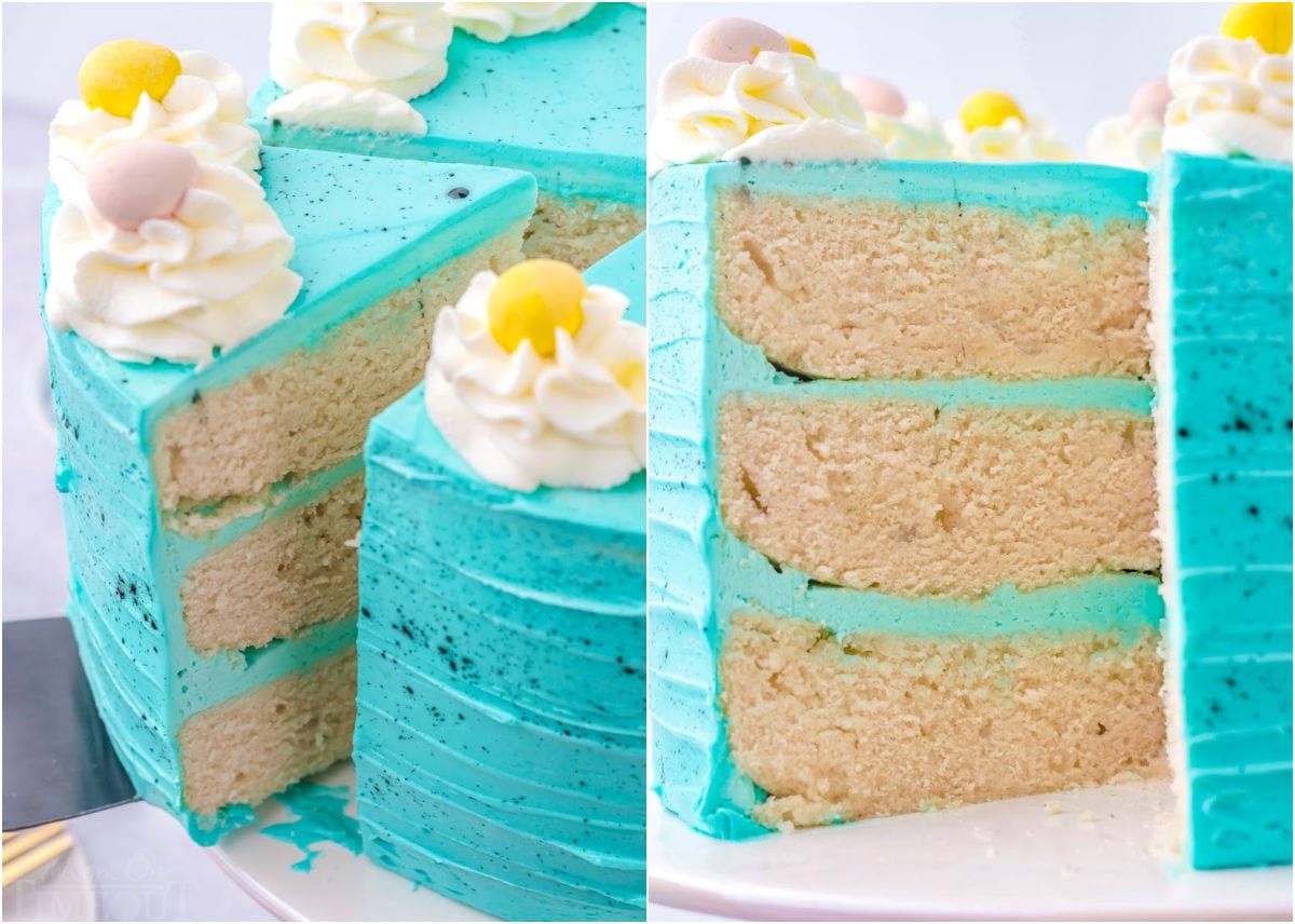 two image collage showing a slice of cake being pulled away from the cake and a close up of the interior of the cake.