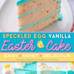 vanilla cake decorated for easter with cadbury eggs and teal frosting. three image collage with a center color block and text overlay.