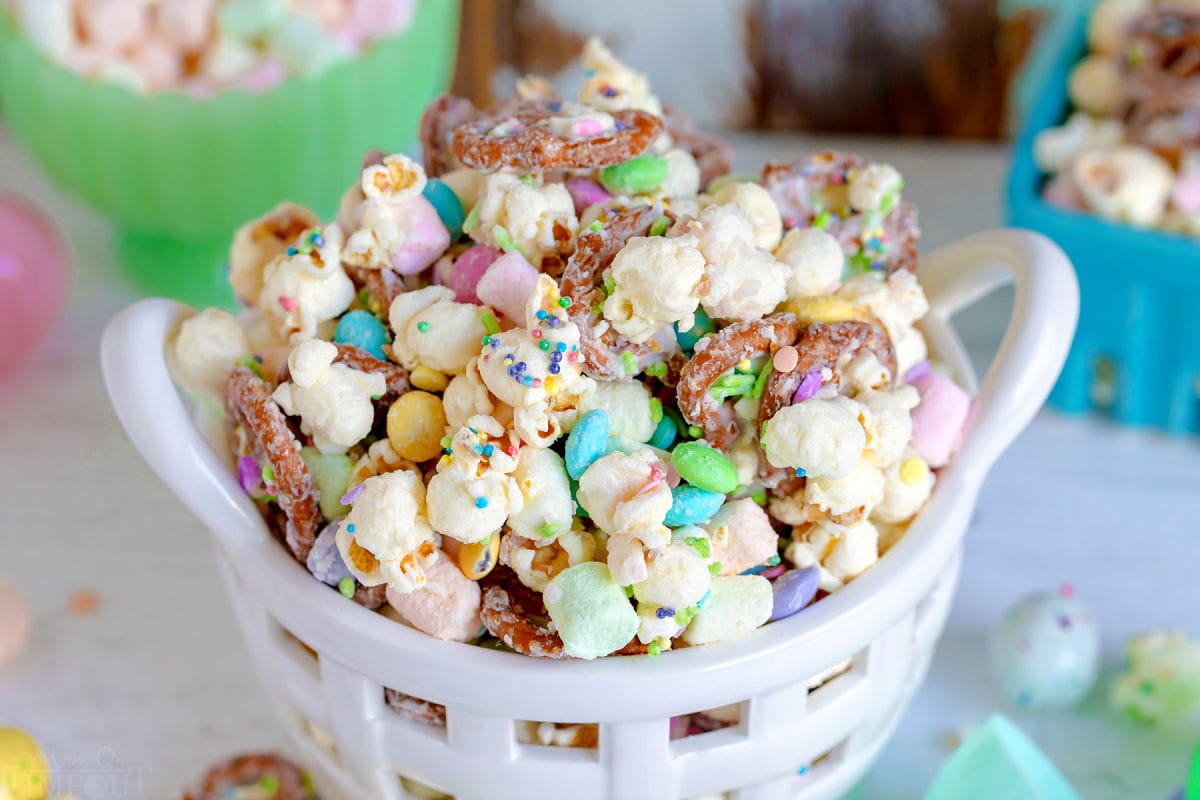 close up look at snack mix with easter sprinkles.