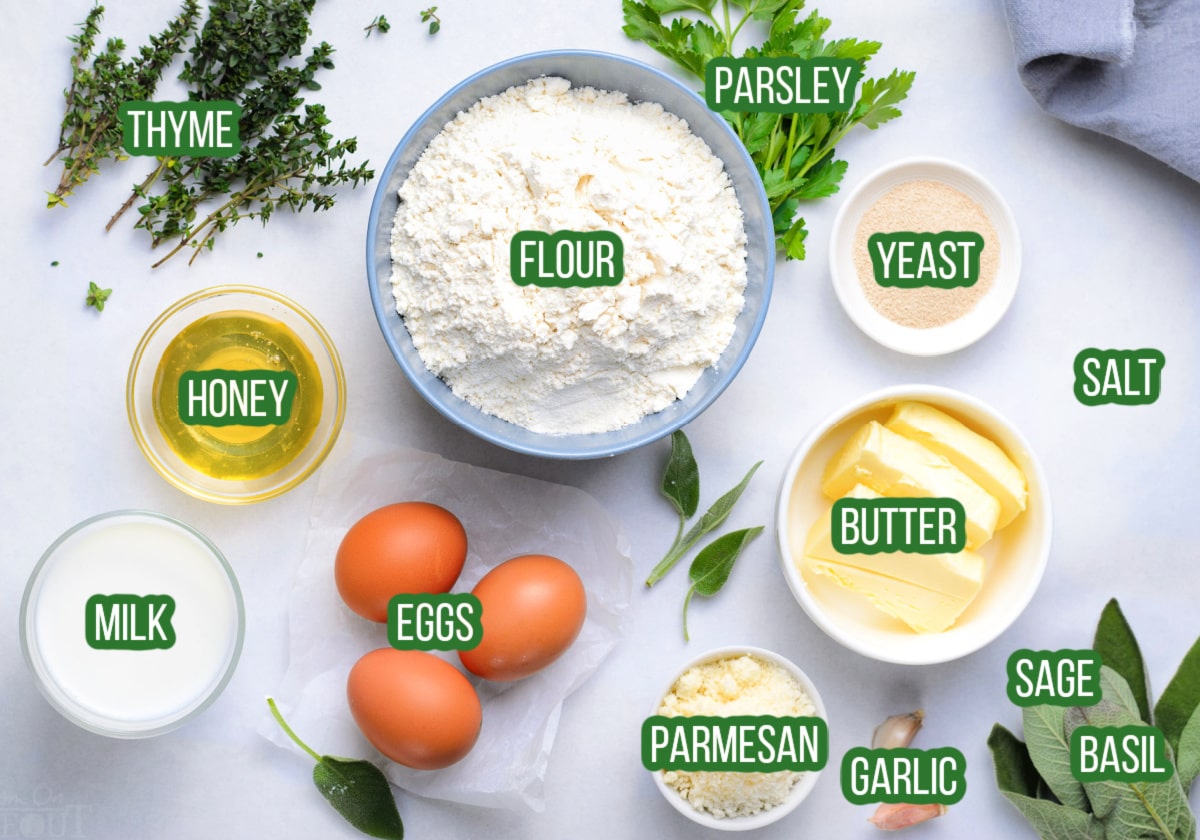 garlic herb bread ingredients measured out into small bowls.