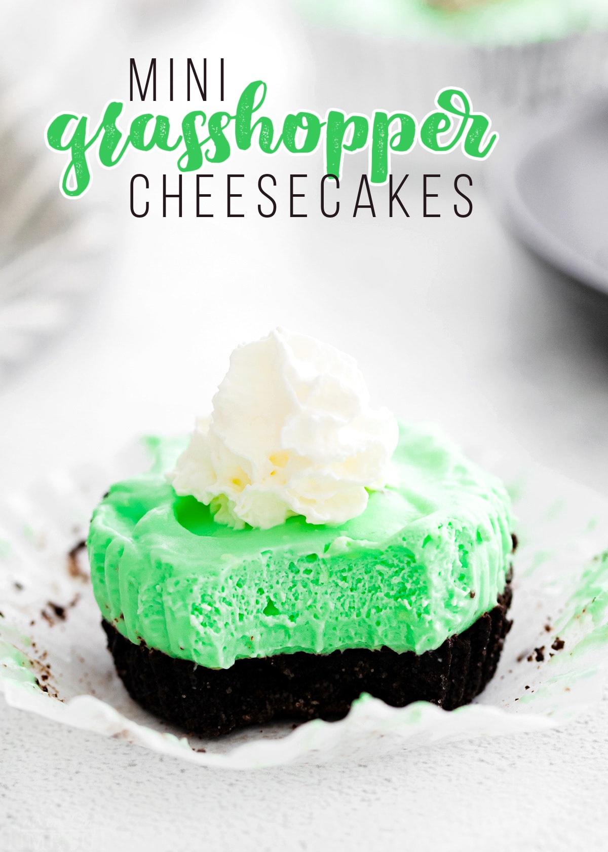 grasshopper mini cheesecake unwrapped and sitting on white surface with title overlay at top.