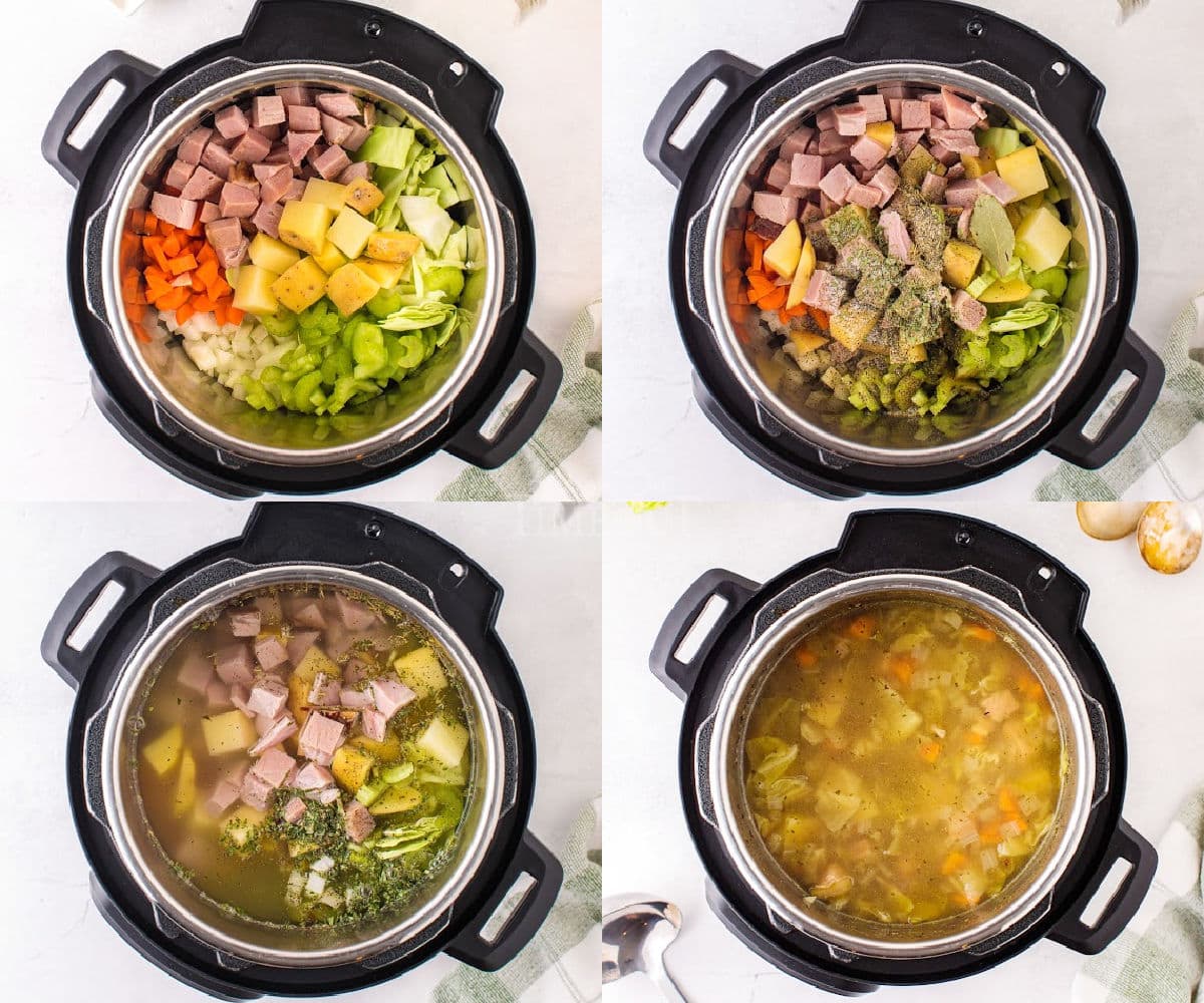 4 image collage showing soup being made in instant pot.