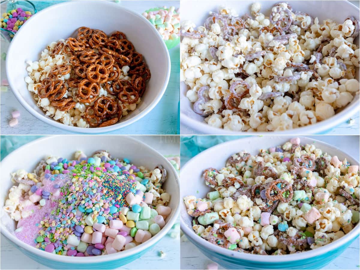 4 image collage showing bunny bait snack mix being mixed together.