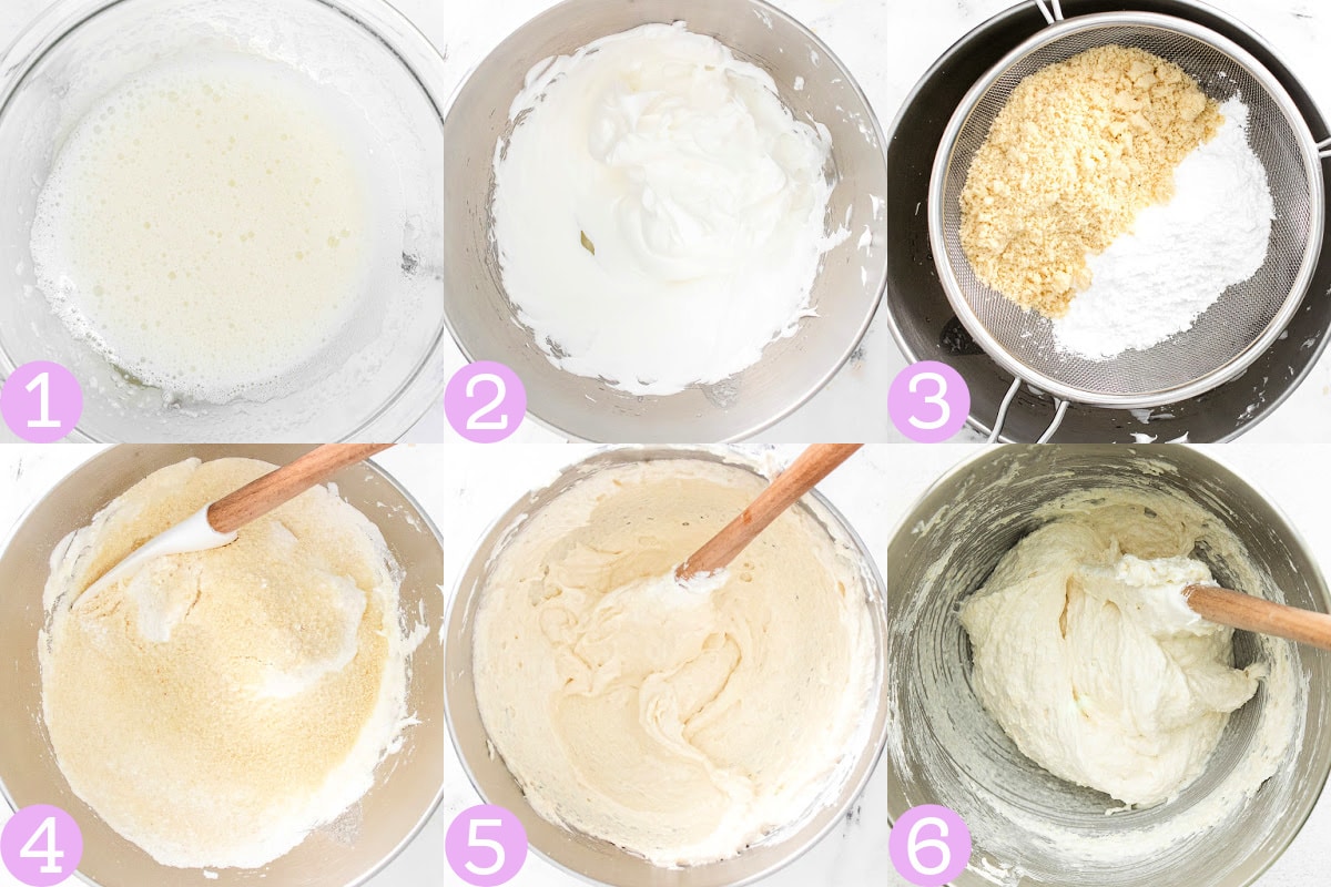 six image collage showing how to make french macaron batter.