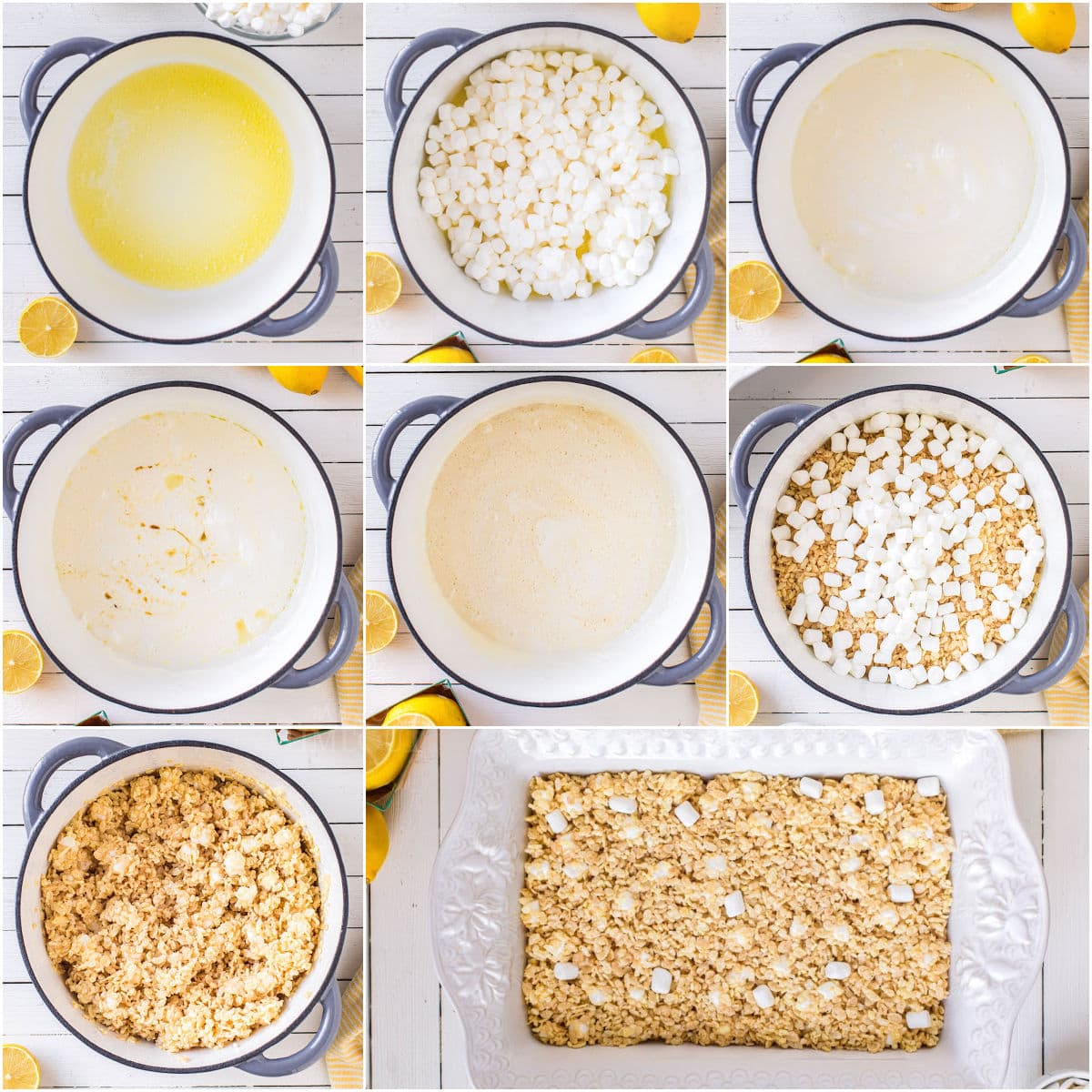 collage showing the 8 steps of how to make rice krispie treats.