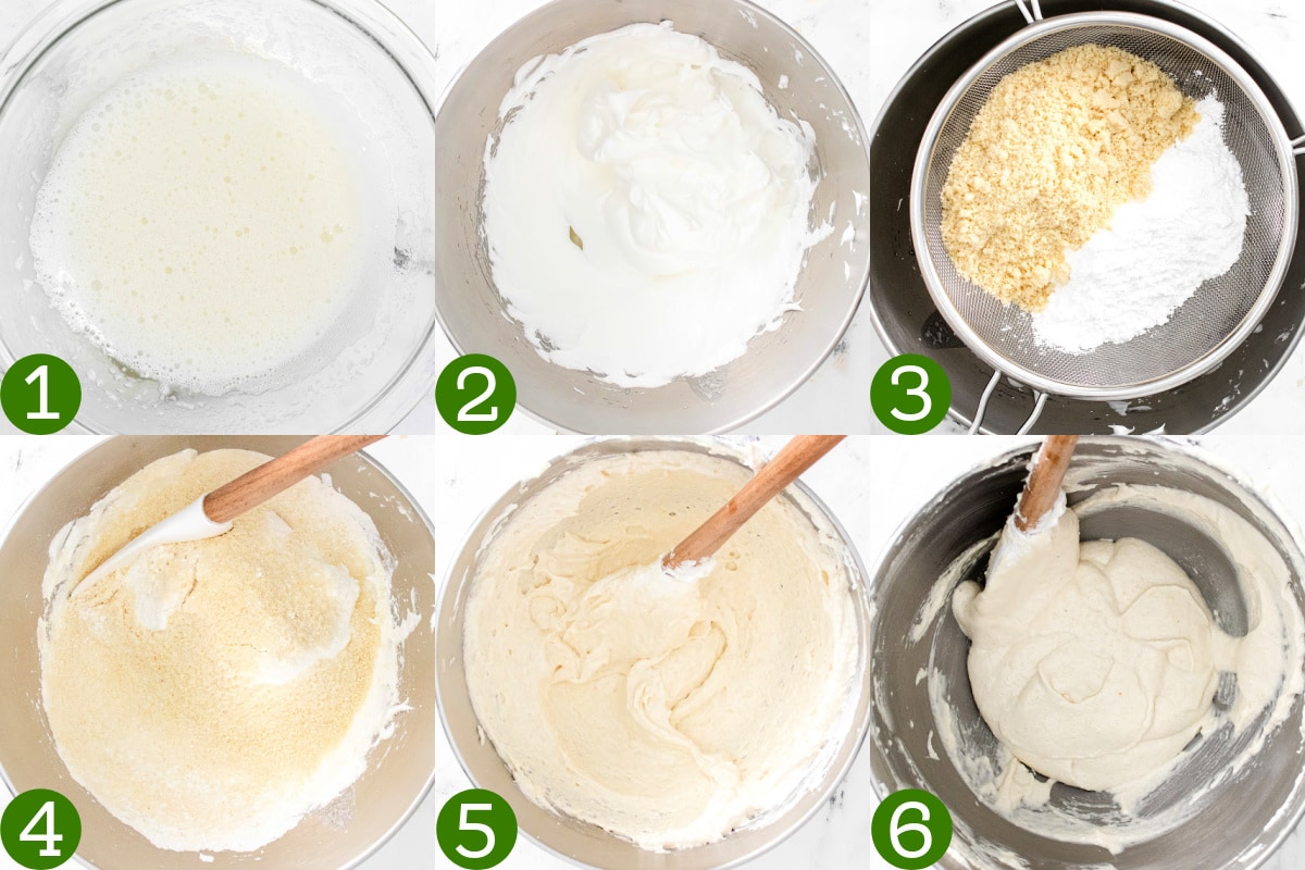 collage showing how to make macaron batter.