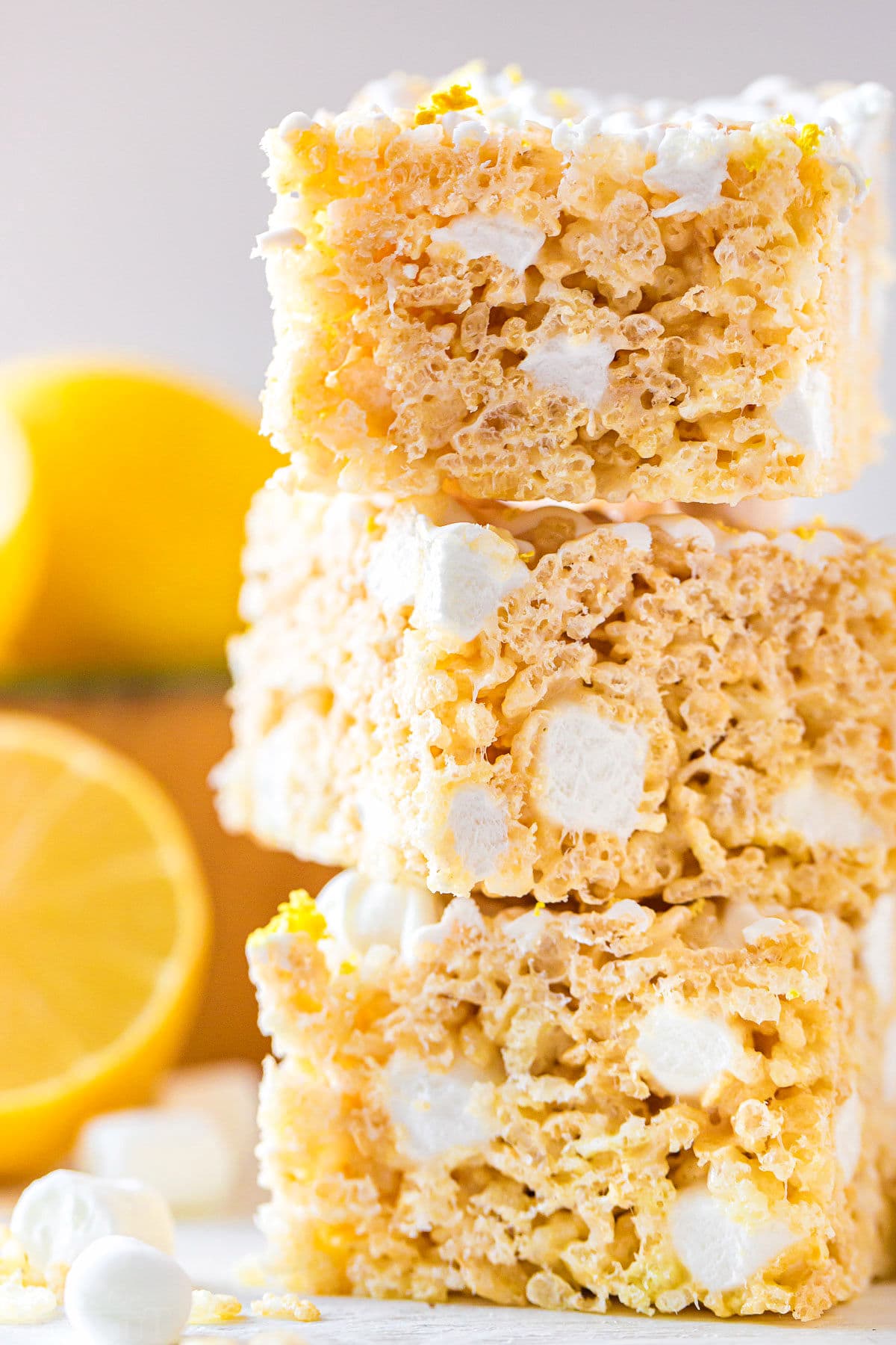 close up look at three rice krispie treats stacked.