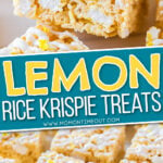 2 image collage showing rice krispies cut up with center color block and text overlay.