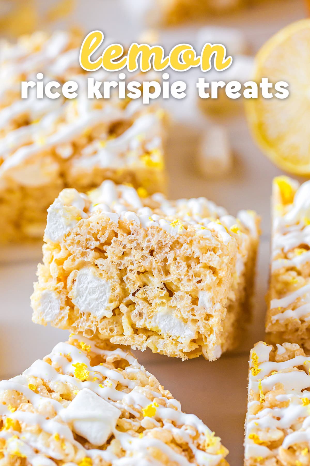 lemon rice krispie treat cut into a square with lemon zest and white drizzle on top. title overlay at top of image.