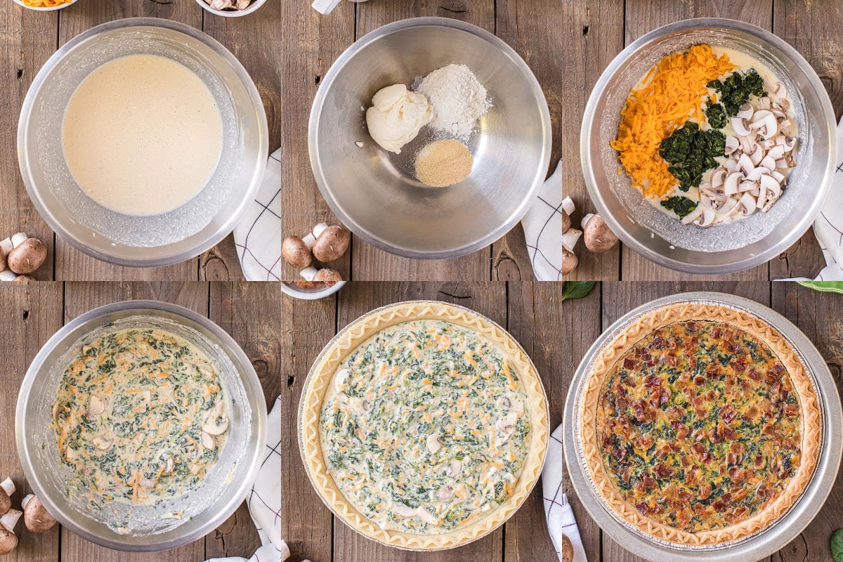 six image collage showing how to make spinach quiche.