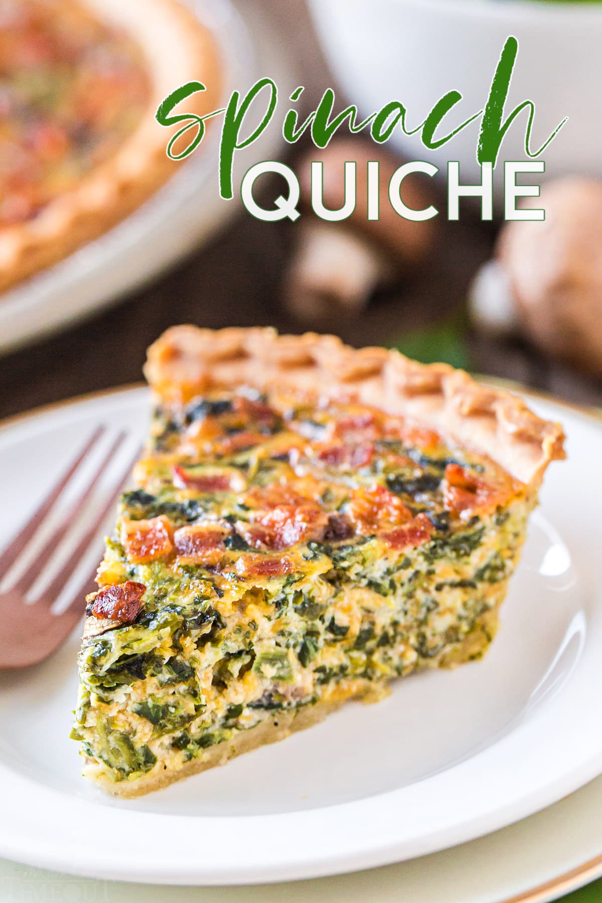 piece of spinach quiche on white plate with title overlay at top.