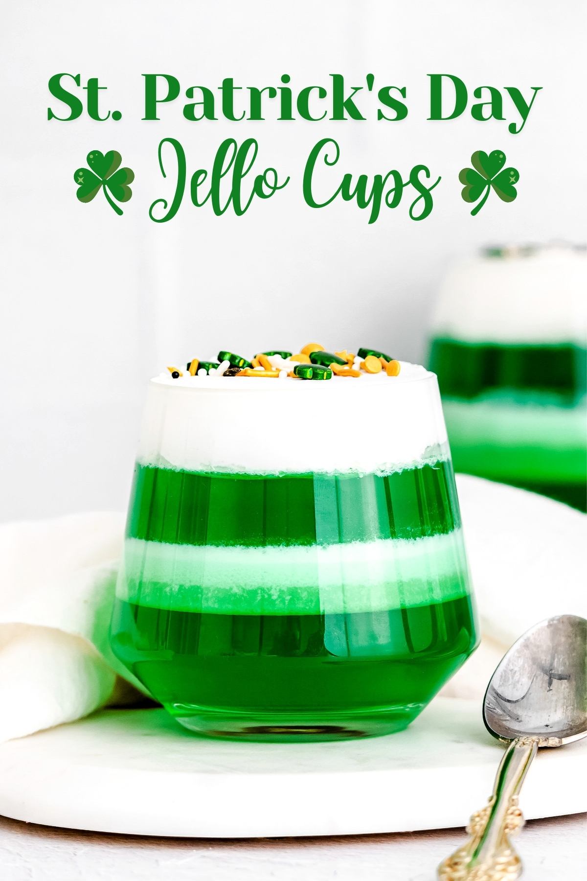 layered jello cups with green jello and cool whip with title overlay at top.