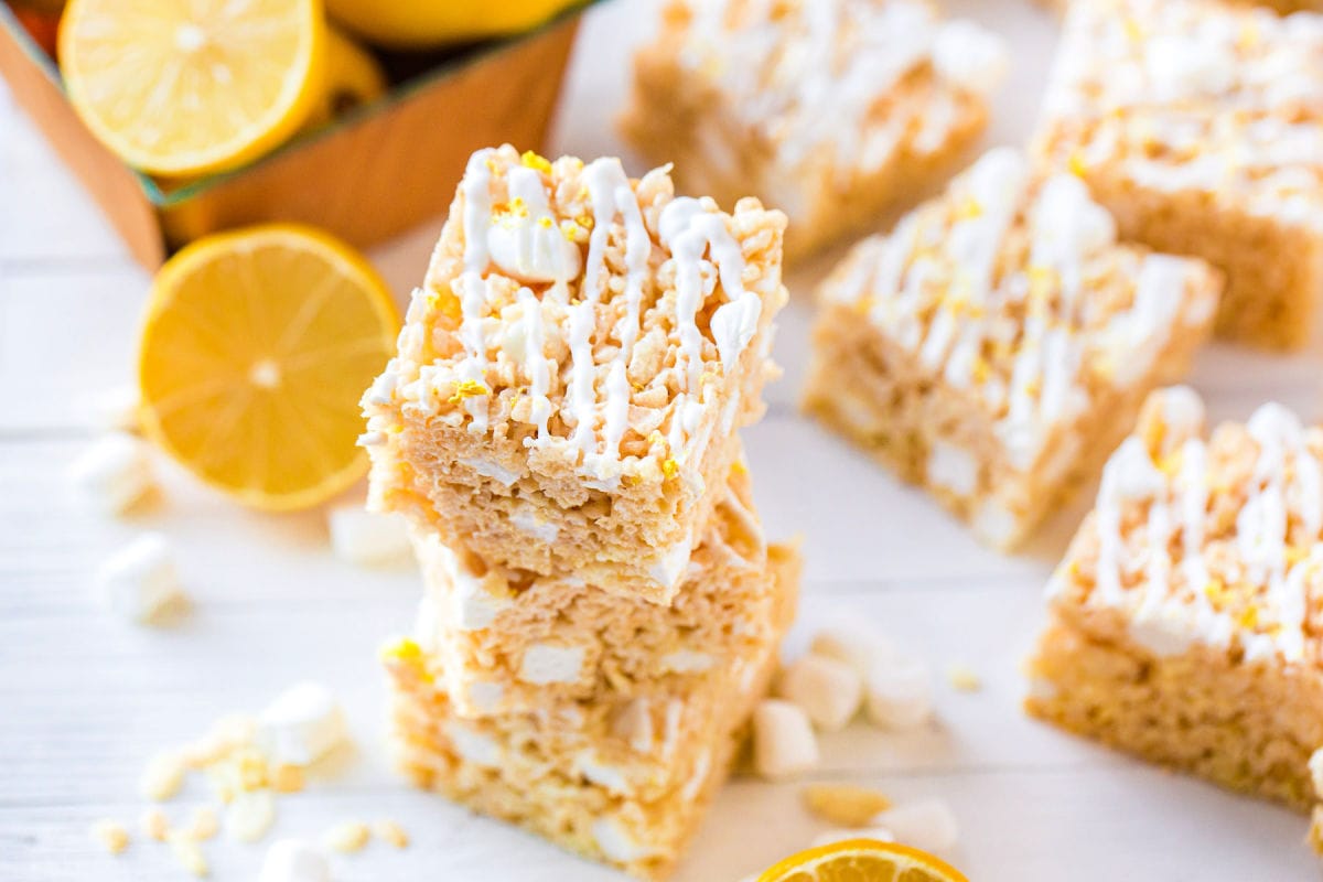 top down look at three rice krispie treats stacked with more cut to the side.