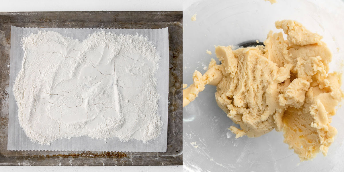 two image collage showing flour on baking sheet ready to bake and sugar cookie dough in bowl.