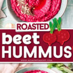 two image collage of bright pink beet hummus in light blue bowl with center color block and text overlay.