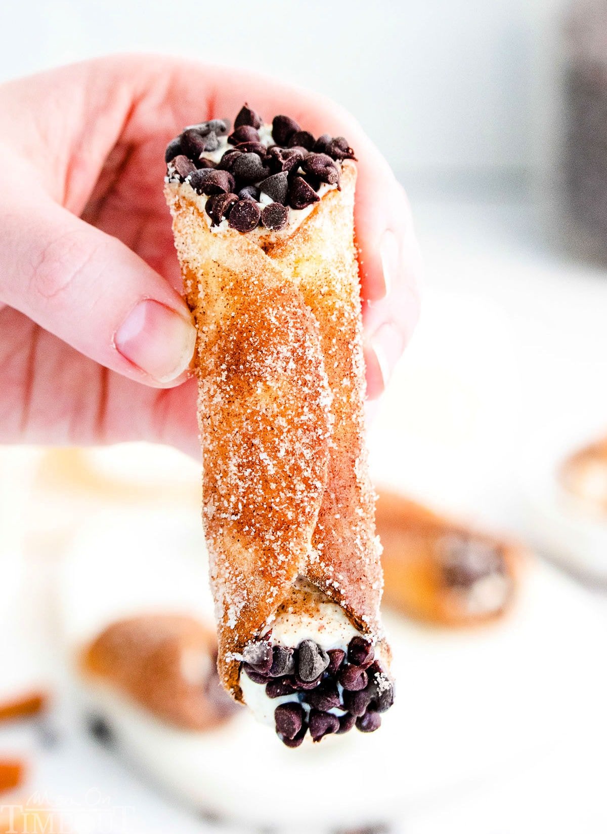 cannoli with mini chocolate chips at either end being held up over a white plate.