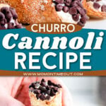 churro cannolis stacked on a plate and being held up in this two image collage.