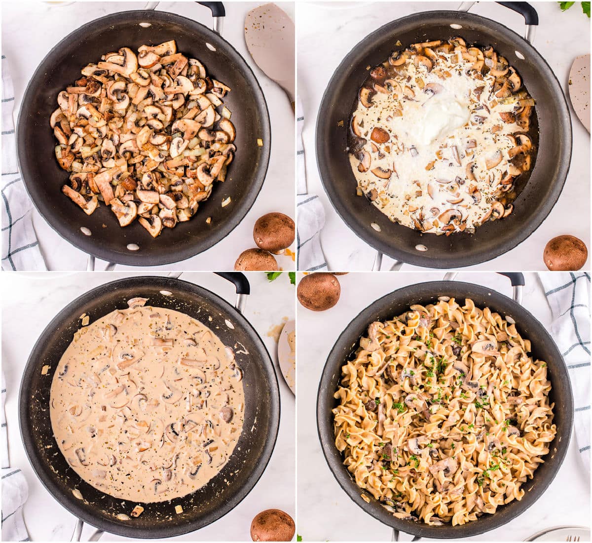 four image collage showing how to make mushroom stroganoff in a skillet.