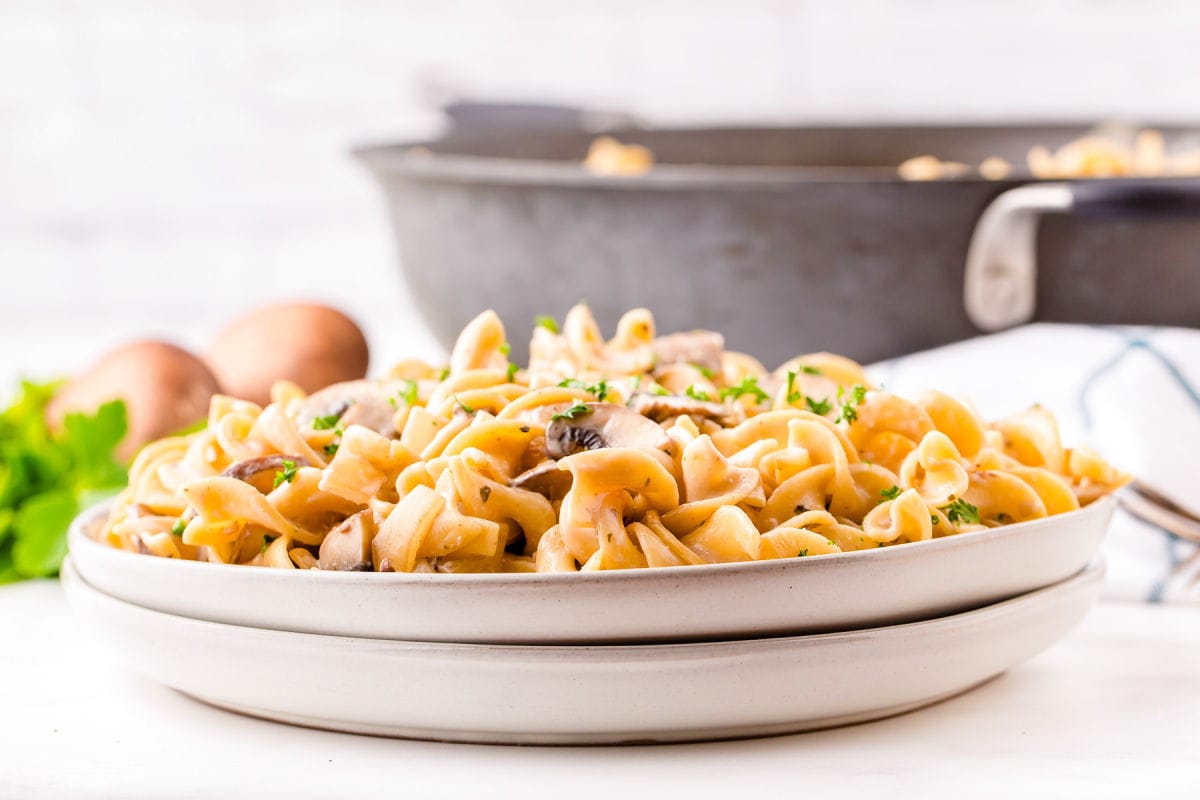 two plates stacked with mushroom stroganoff and skillet in background.