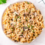 top down view of mushroom stroganoff piled high on round white plate garnished with parsley.