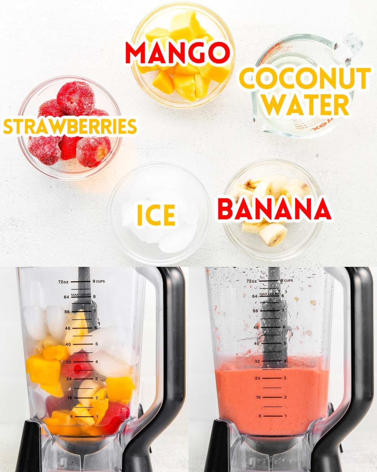 three image collage showing ingredients in small bowls and the smoothie being made in the blender.