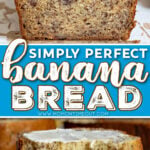 loaf of banana bread on white board and two pieces of banana bread sitting on white plate. center color block and text overlay.