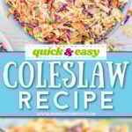 2 image collage of coleslaw top down in bowl shown and bite of coleslaw on fork with center color block and text overlay.