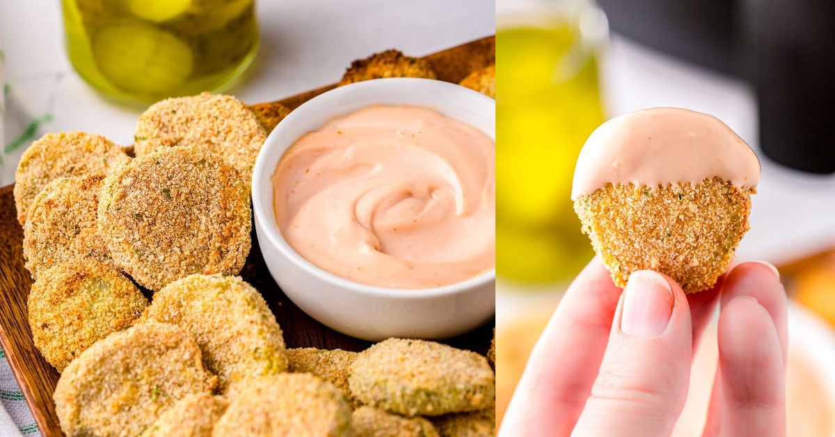 pickles ready to dip in fry sauce and one image showing air fryer pickle being held up after being dipped.