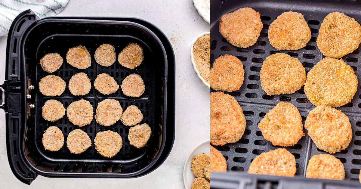 pickles in air fryer basket ready to air fry.