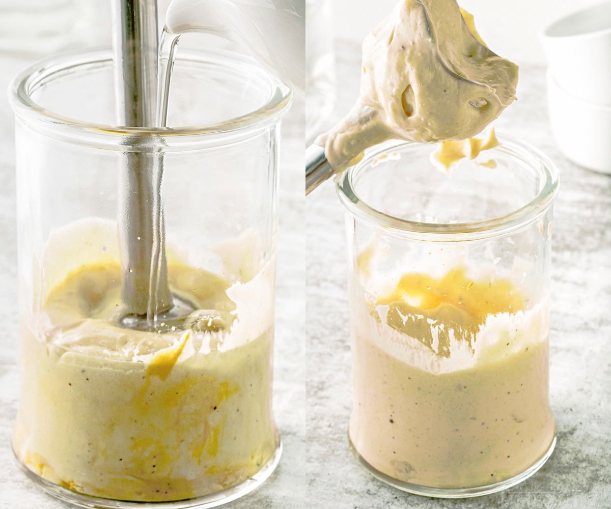 two image collage showing aioli being blender in glass container.