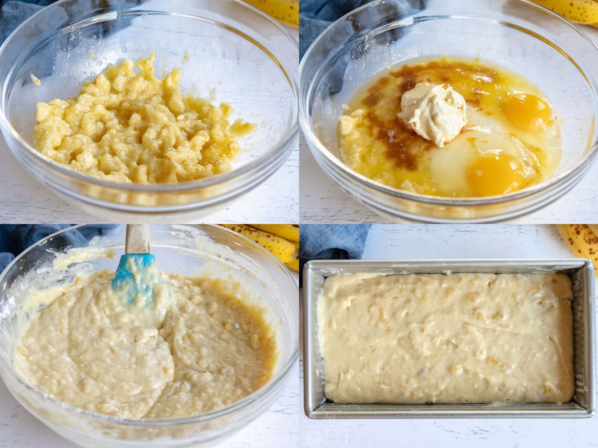 4 image collage showing how to make banana bread.