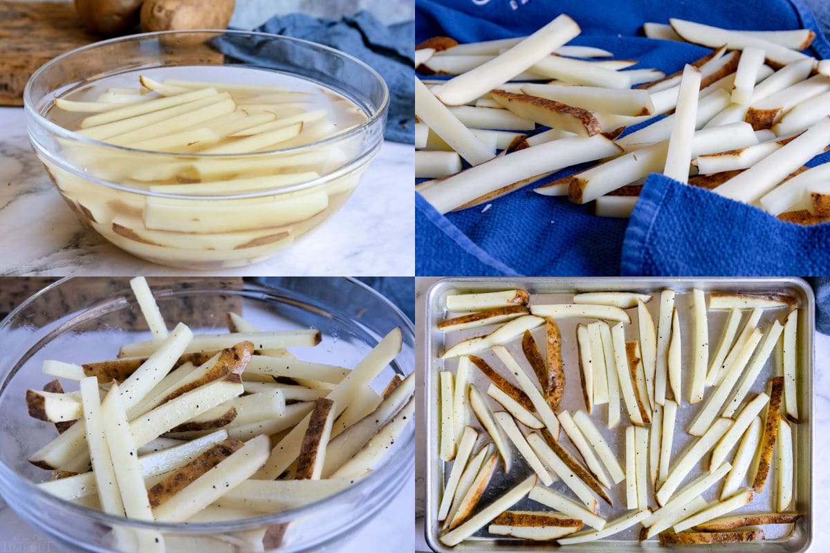 4 image collage showing how to make french fries in the oven.