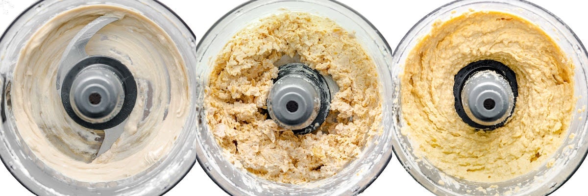 three image collage showing how to make hummus in a food processor.