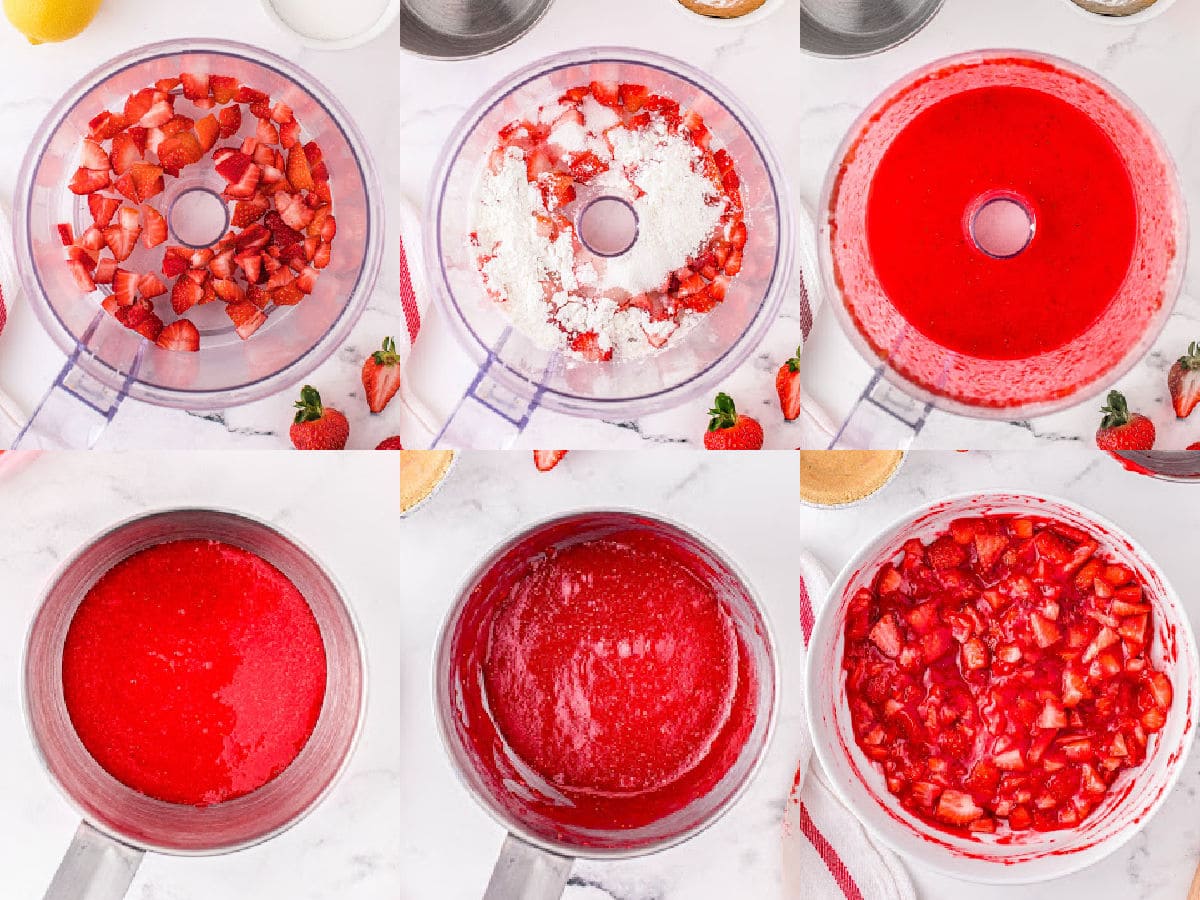 six image collage showing how to make strawberry filling.