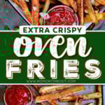 oven fries on baking sheet and being served with ketchup. center color block and text overlay.