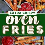 oven fries on baking sheet and being served with ketchup. center color block and text overlay.