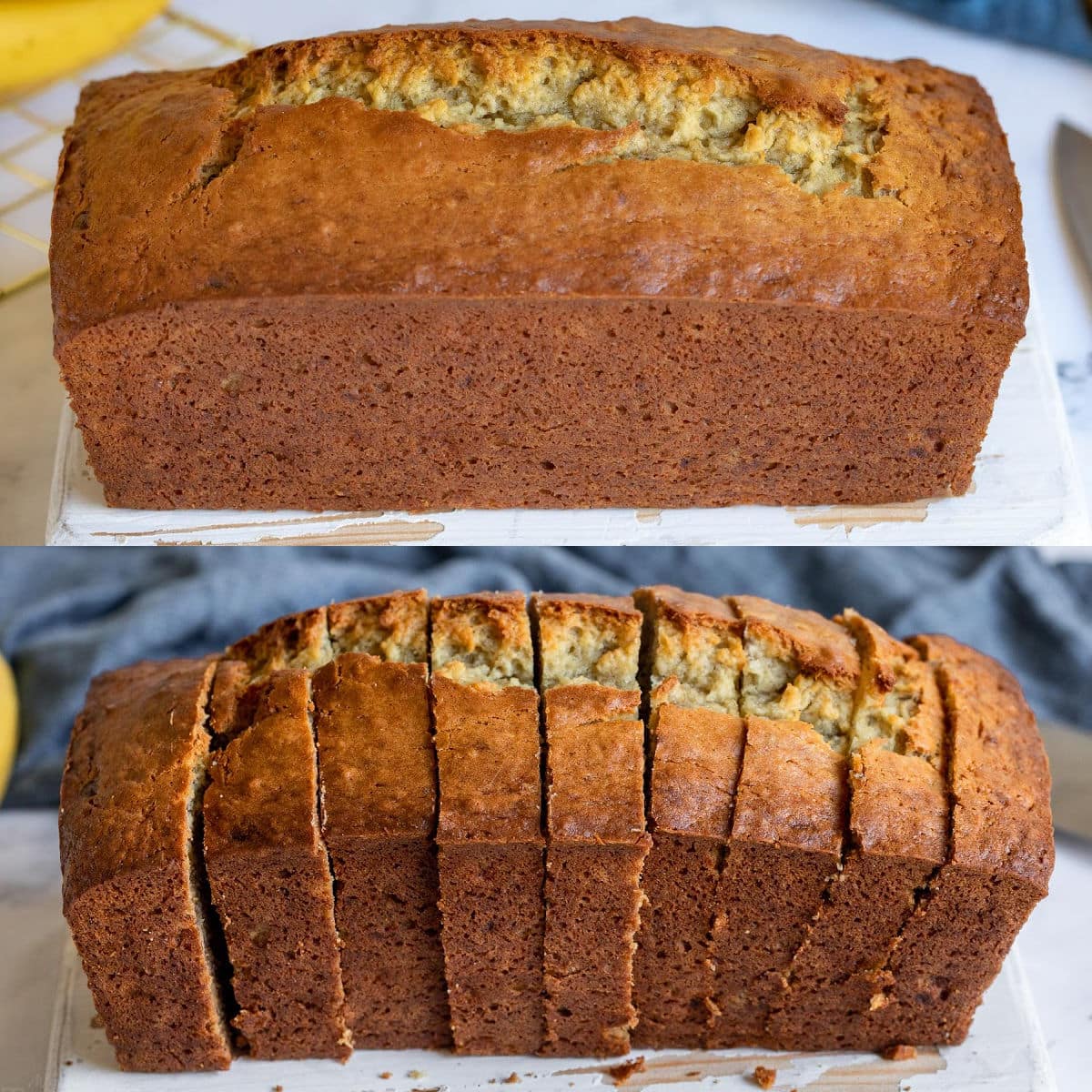 collage of whole loaf of banana bread and then loaf sliced up.