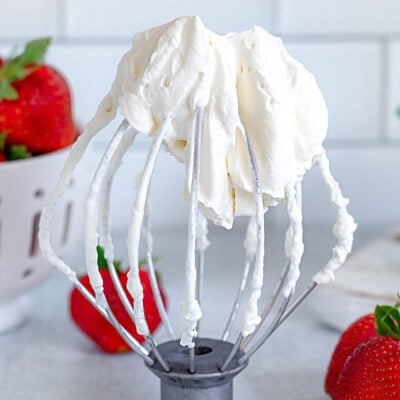 homemade whipped cream on whisk attachment.