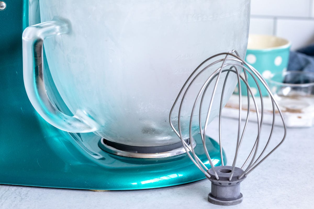 cold mixing bowl and whisk ready to use for whipped cream.