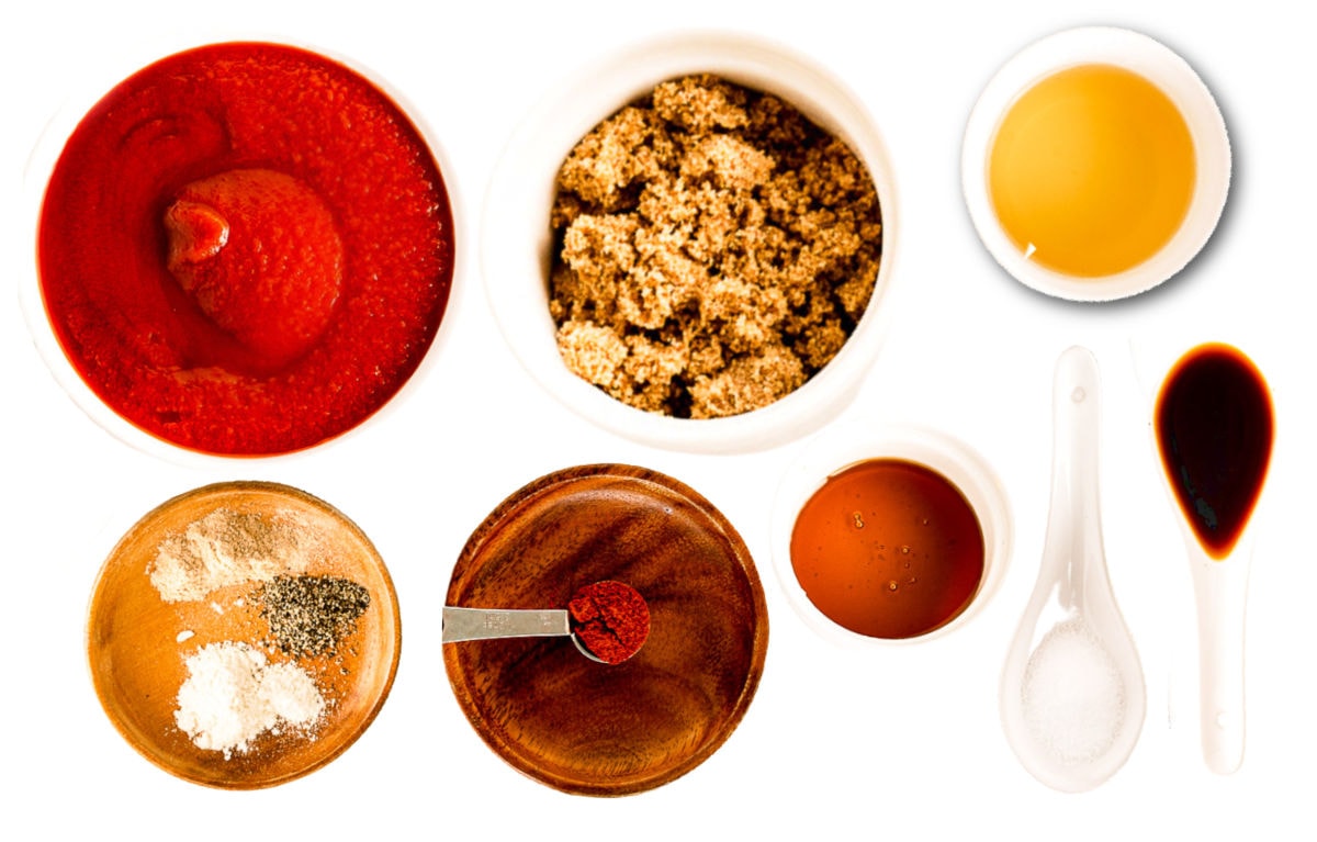 barbecue sauce ingredients measured out in small bowls.