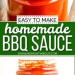 2 image collage of bbq sauce in glass jar. center color block and text overlay.