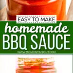 2 image collage of bbq sauce in glass jar. center color block and text overlay.