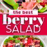 two image of berry salad in white bowl and top down look at the salad. center color block with text overlay.